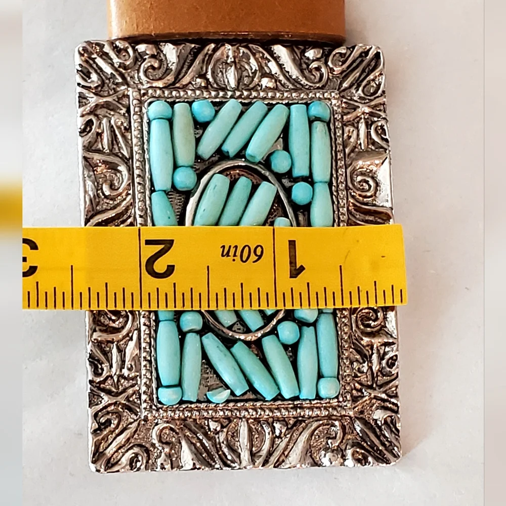 Streets Ahead Western Turquise Bead Ornate Silver Buckle Brown Leather Belt Lg